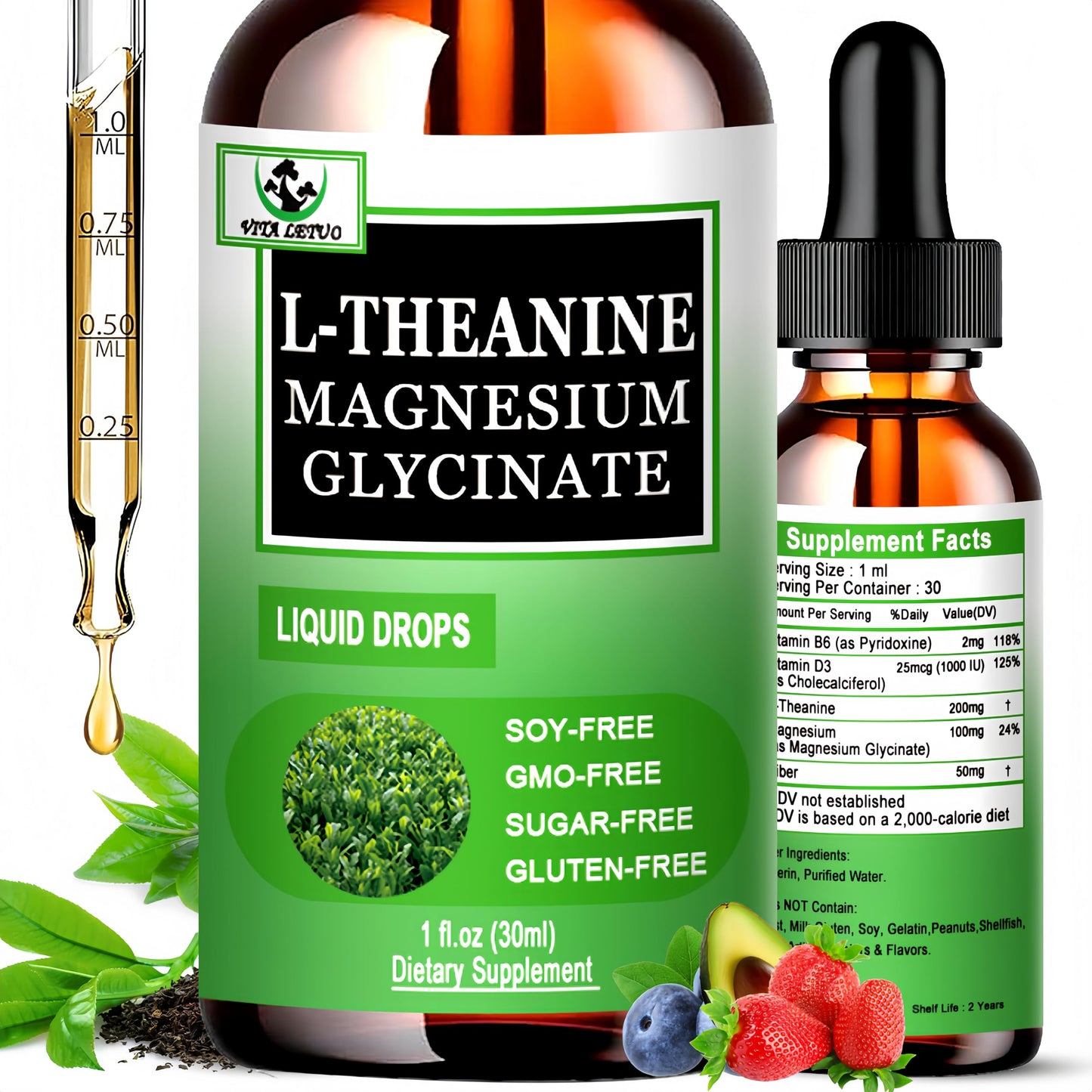 L Theanine Drops, Liquid L-Theanine Supplement 200mg w/Magnesium Glycinate,Vitamins,Fiber for Relaxation,Sleep,Digestion, Calm,High Absorption Mood Support for Adults & Kids,Plant Based,Non-GMO Vita letuoBuy Supplements Australia