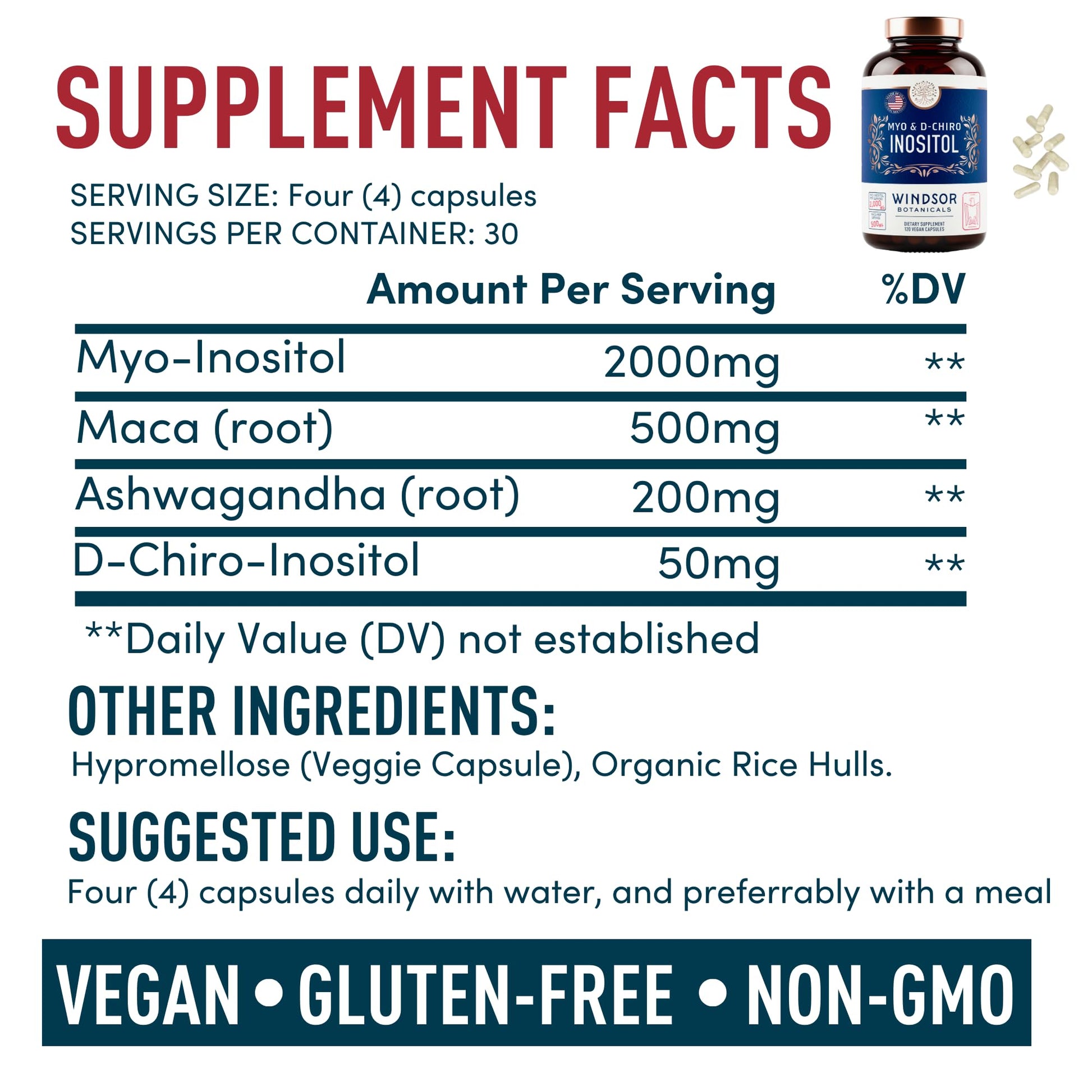 Myo-Inositol & D-Chiro Inositol 40:1 Ratio 2,000 mg - PCOS Supplements with Maca Root & Ashwagandha - Ovarian Health Support Vitamins - Hormone & Fertility Supplements for Women - 120 Vegan Caps WINDSOR BOTANICALSBuy Supplements Australia