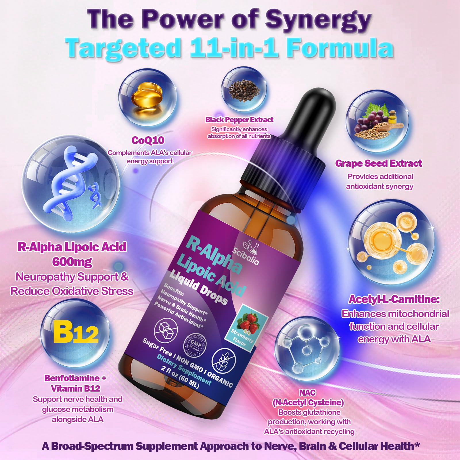 R Alpha Lipoic Acid 600mg Liquid Drops for Neuropathy, Advanced 11-in-1 Stabilized R-ALA Supplement w. Benfotiamine Acetyl L-Carnitine Vitamin C E for Antioxidant Nerve Brain Energy Health Non GMO ScibaliaBuy Supplements Australia