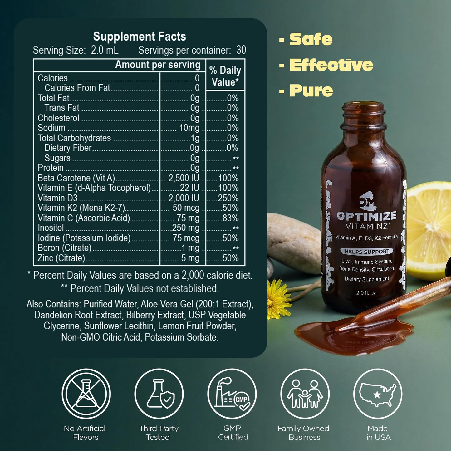 Optimize Vitaminz Liquid Vitamin D3 K2 Drops with Dandelion Root & Bilberry | Immune, Liver & Bone Support, MK-7 Formula, Fast Absorption Liquid Multivitamin, 30 Day Supply, 2 Fl Oz Optimize MineralsBuy Supplements Australia