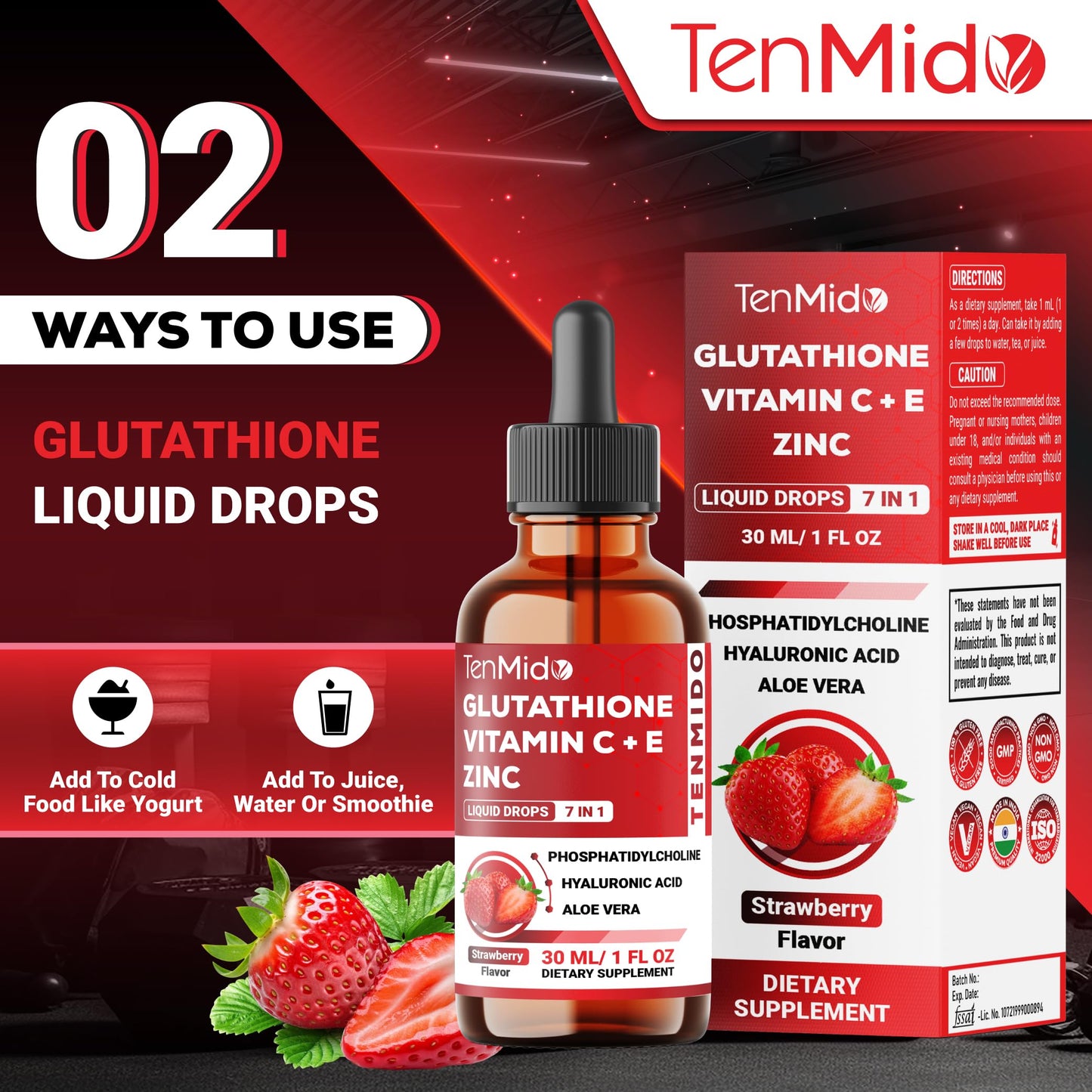 Tenmido Liposomal Glutathione Supplement - 7in1 Liquid Drops with Zinc, Vitamin C, Vitamin E, Phosphatidylcholine, Hyaluronic Acid, and Aloe Vera - Vegan, Non-GMO - 30ml 1 Fl Oz TenmidoBuy Supplements Australia