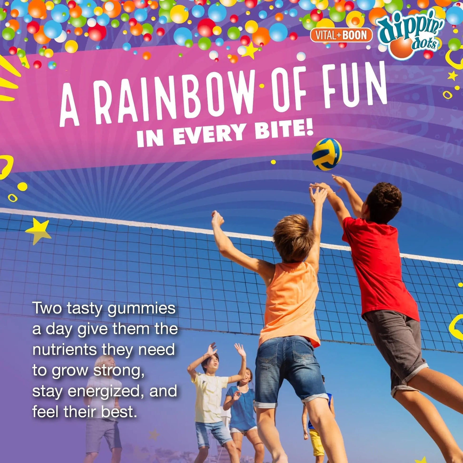 Dippin' Dots - Multivitamin Gummies for Kids Rainbow Fruit Flavor Complete Multivitamin Chewy Gummies Vitamin A, B, C, D3, E, B6, Zinc - 60 Count Vital+Boon