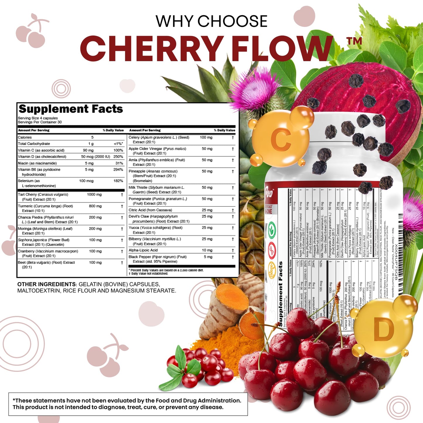 Cherry Flow Tart Cherry Capsules Uric Acid Support Celery Seed Turmeric Chanca Piedra Vitamin D Vitamin B6 Niacin Milk Thistle Moringa Extract Pomegranate Beets 90 Count By Clean Nutra Clean NutraceuticalsBuy Supplements Australia