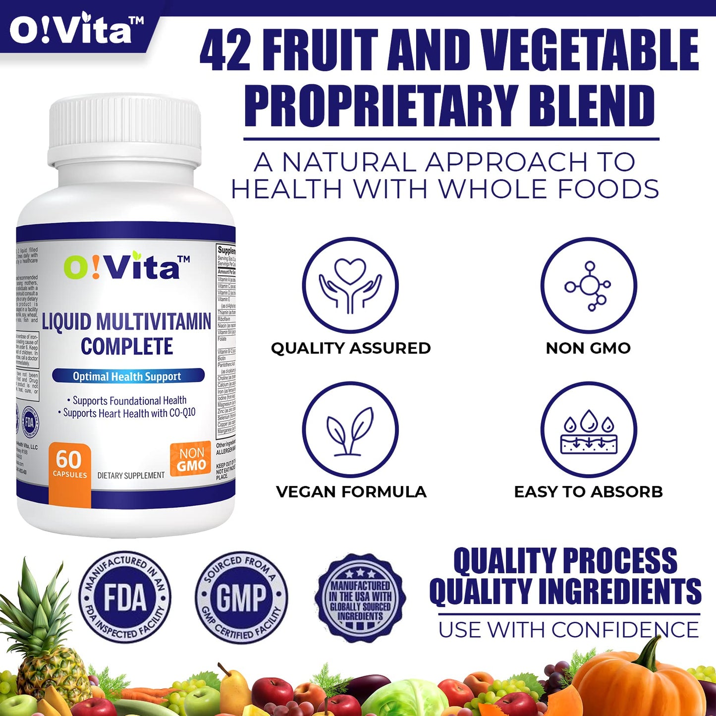 O!VITA Liquid Multivitamin Complete, with a Full Spectrum of Vitamins and Minerals, Plus 42 Fruits and Vegetable Proprietary Blend, Easy Absorption (60 Vegan Liquid Filled Capsules) O!VITABuy Supplements Australia