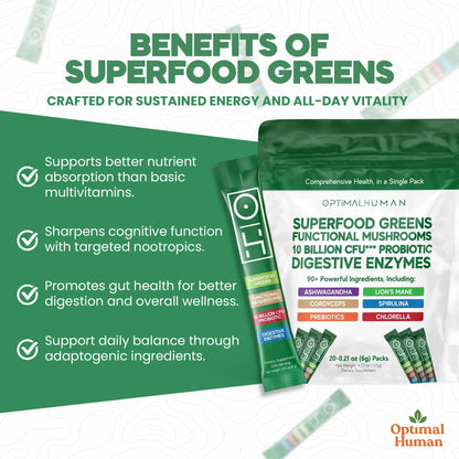 Optimal Human Superfood Greens Powder – 90+ Ingredient Blend with Lion’s Mane Supplement, Ashwagandha & Turmeric – Non-GMO, Soy-Free, Mushroom Supplements for Women – 20 Sachets O HBuy Supplements Australia