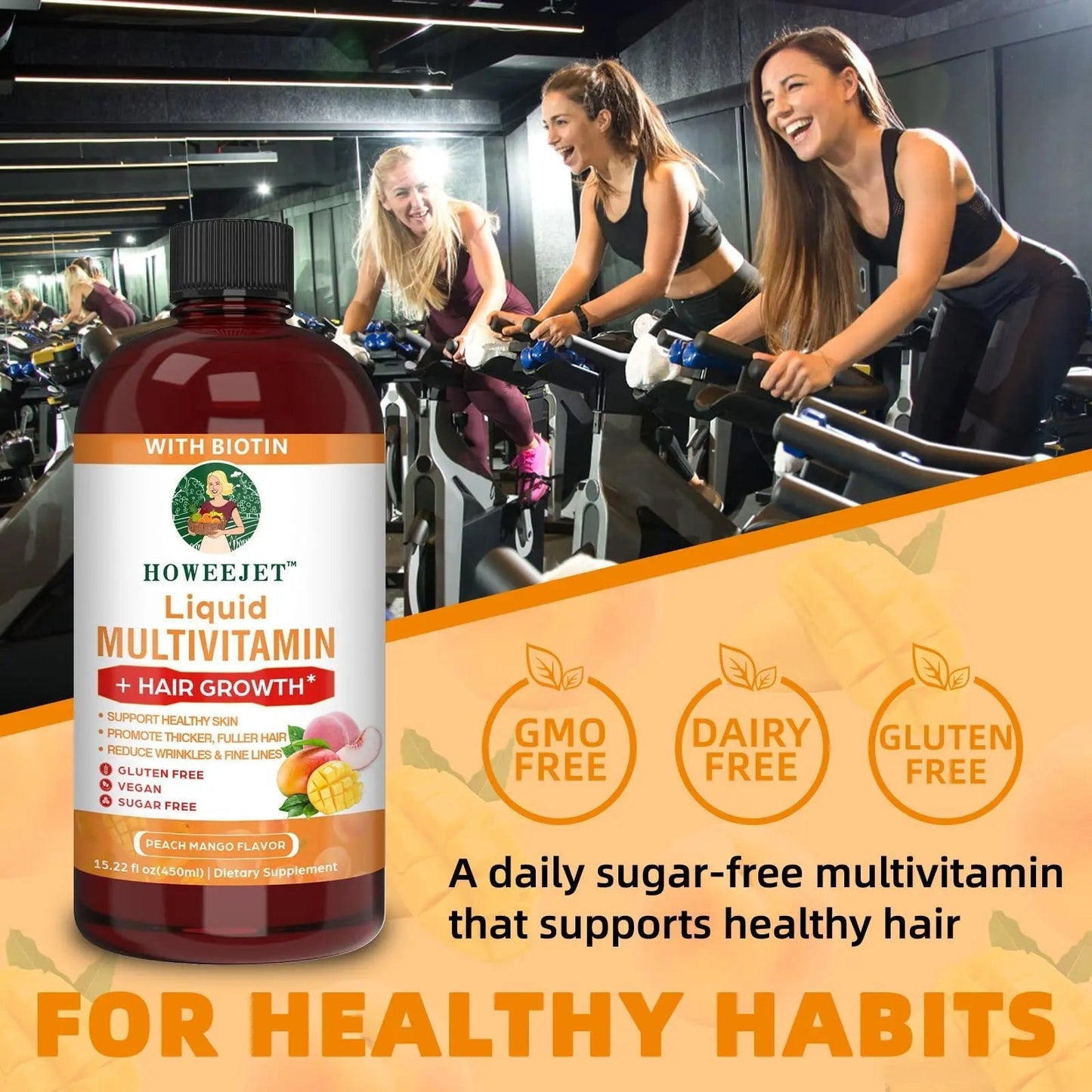 Liquid Multivitamin for Hair Growth | Biotin 10000mcg | Hair & Skin Support Supplement | Clinically Tested for Thicker Hair & Skin Elasticity HOWEEJET