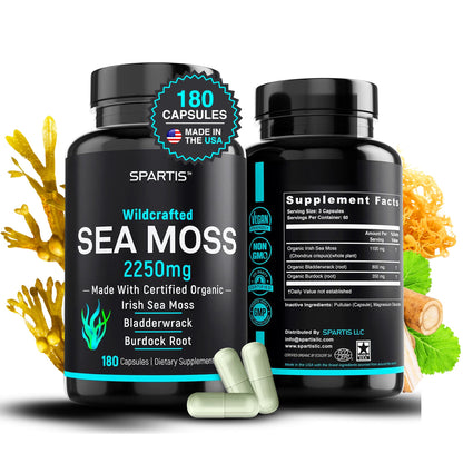 SPARTIS Certified Organic Sea Moss Capsules 2250mg Wildcrafted Irish Sea Moss Burdock Root Bladderwrack Supplement Raw Seamoss Pills & Powder (Pack of 1 at 180-Caps) SPARTISBuy Supplements Australia