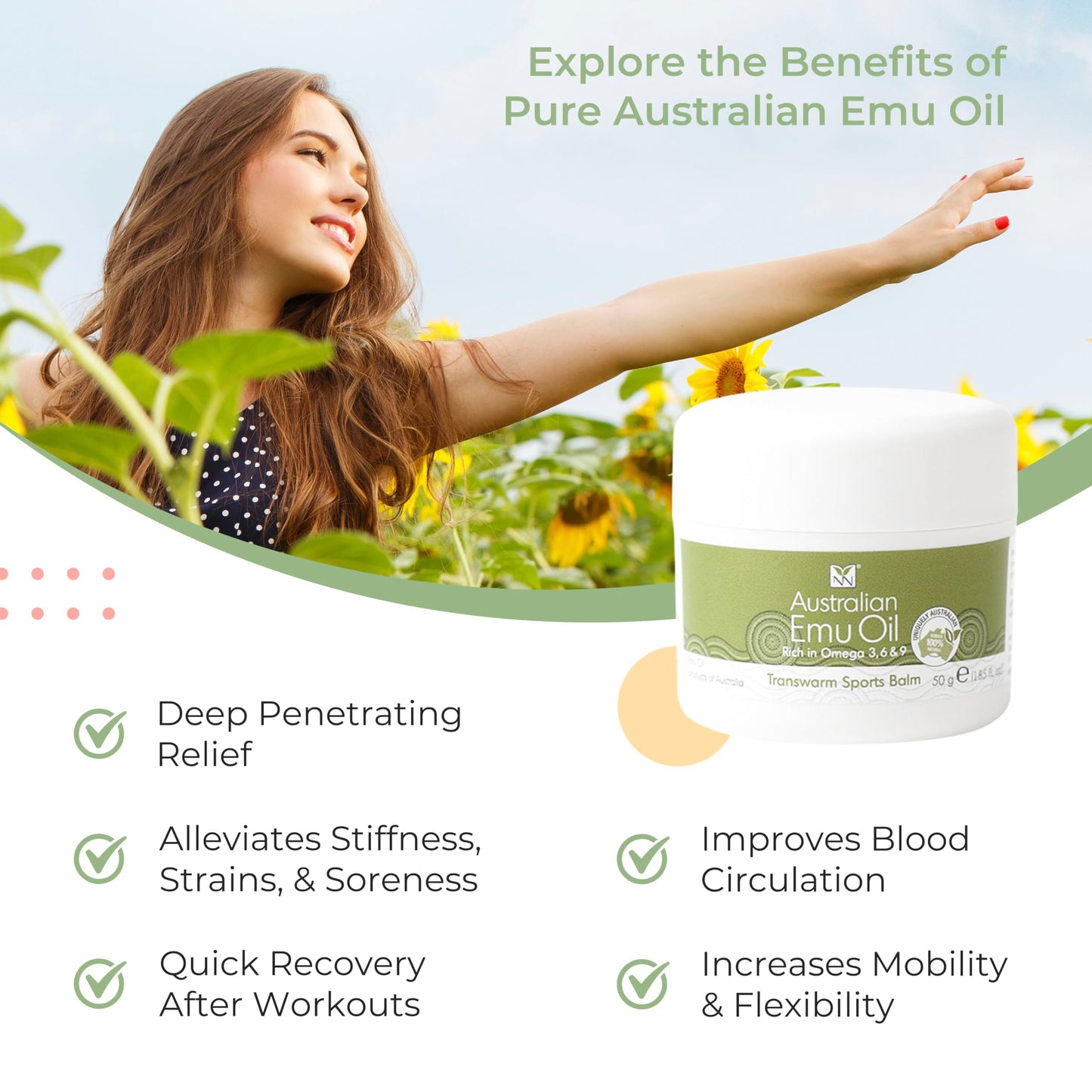 Y Not Natural Transwarm Sports Balm with Pure Emu Oil, Vitamins A, D, E, F & K2, Omega 3 6 9, & Tea Tree Oil Essential Oils - 50g Rub for Joint, Back, Muscle Stiffness & Soothing Itch Relief Y Not NaturalBuy Supplements Australia