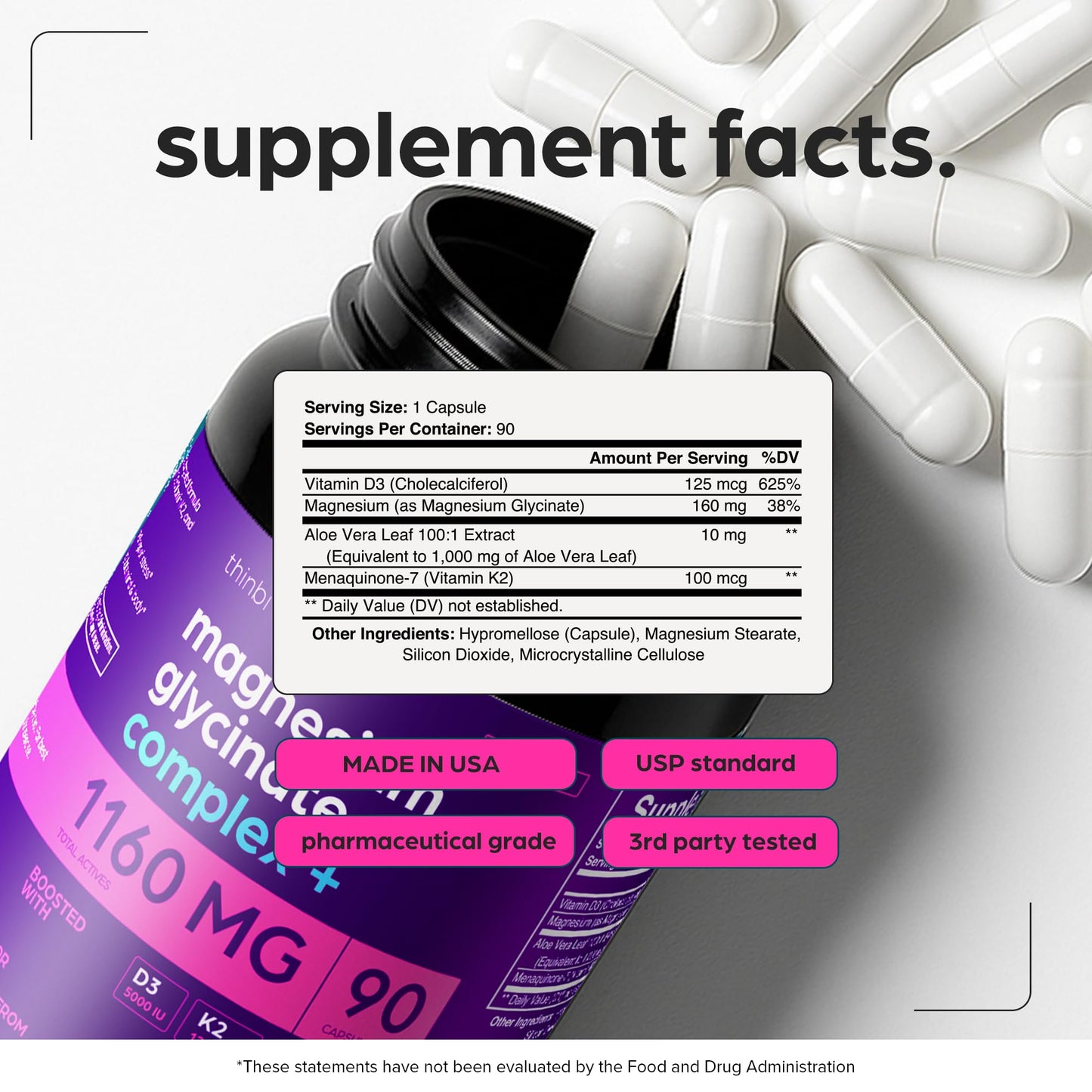 Magnesium Glycinate 1160mg + Aloe Vera, D3 & K2 Complex 90 Capsules - High Absorption, Non-Laxative - Supports