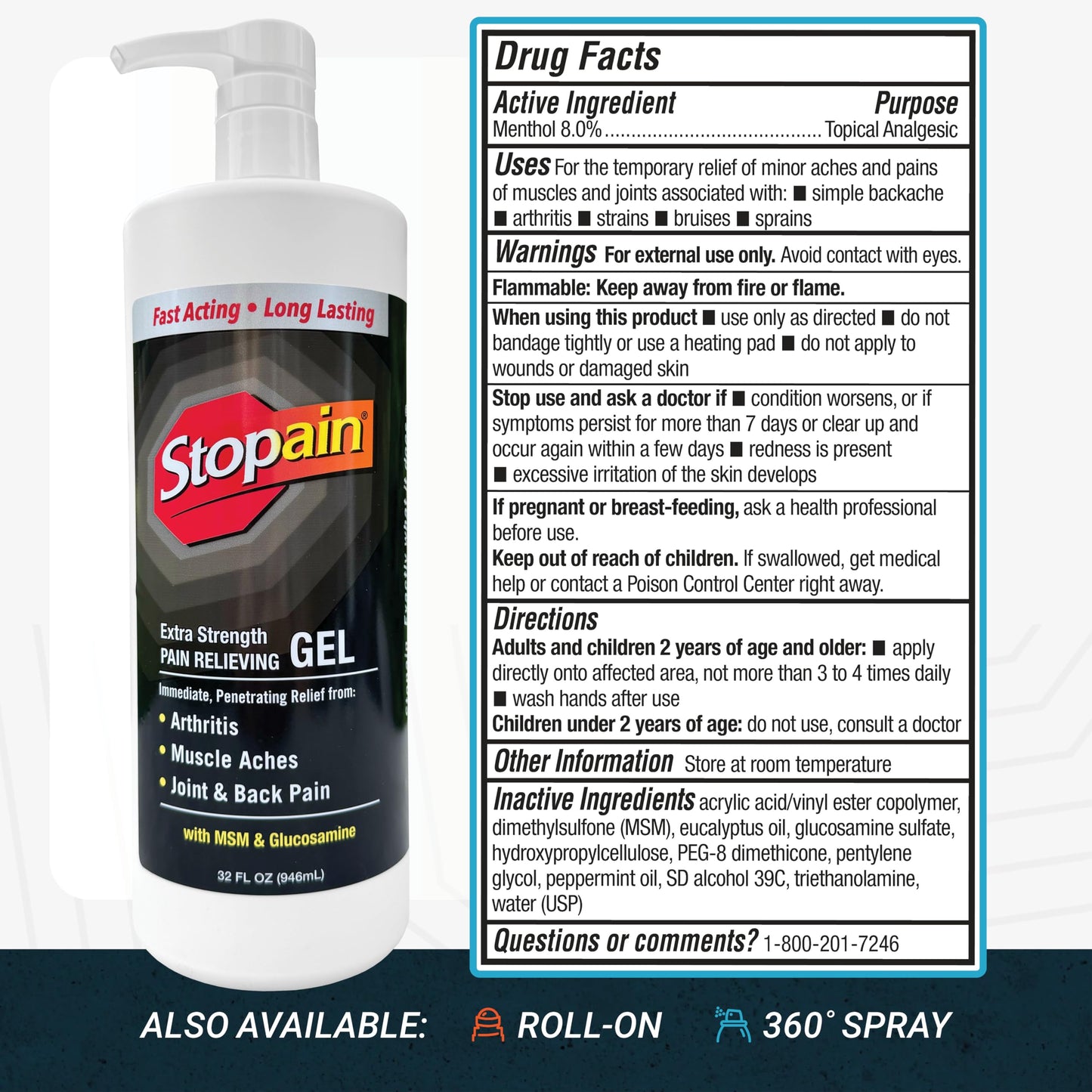 Stopain Pain Relief Gel 32oz, USA Made, Max Strength Fast Acting with Menthol, MSM, Glucosamine for Joint Pain, Back Pain, Arthritis, Knee, Neck Pain, HSA FSA Approved OTC Topical Analgesic Product StopainBuy Supplements Australia