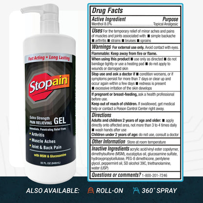 Stopain Pain Relief Gel 32oz, USA Made, Max Strength Fast Acting with Menthol, MSM, Glucosamine for Joint Pain, Back Pain, Arthritis, Knee, Neck Pain, HSA FSA Approved OTC Topical Analgesic Product StopainBuy Supplements Australia