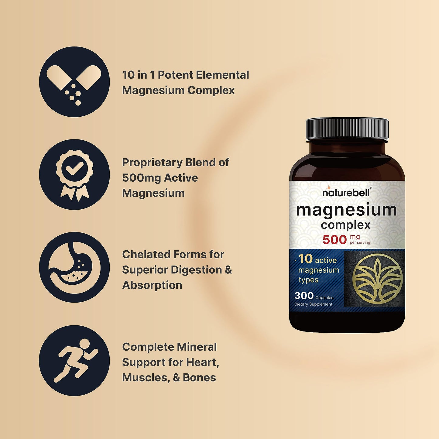 Magnesium Complex Supplement 500mg, 300 Capsules | 10 Active Forms – Glycinate NatureBellBuy Supplements Australia