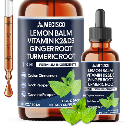 10in1 Lemon Balm Liquid Drops Blend Includes Vitamin D3, Vitamin K2, Lemon Balm, Ginger, Turmeric, Ceylon Cinnamon, Black Pepper, Cayenne Pepper, Berberine, Valerian Root - 1 FL Oz - 2 Month Supply MeciscoBuy Supplements Australia
