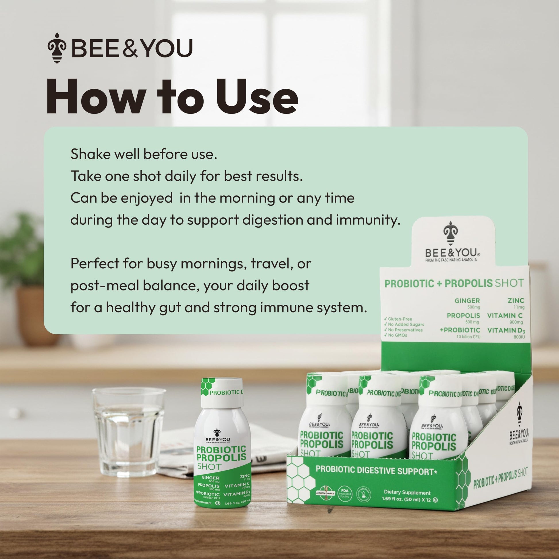 Bee and You Propolis Immune Shot, Probiotic, Vitamin C, Vitamin D3, Zinc, Ginger, Immune Support, Gut Health, Digestive Health, Bioactive 1.69 Fl. oz, 12 Pack BEE & YOUBuy Supplements Australia