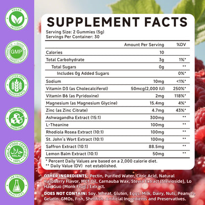 Saffron Supplement Gummies for Kids & Adults Supports Antioxidant Function with Ashwagandha, L-Theanine, Rhodiola Rosea, Lemon Balm, Vitamin D3, B6, Magnesium & Zinc – Raspberry Flavor, 60 Count MchokuuBuy Supplements Australia