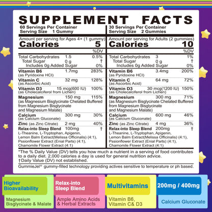 Neviss Magnesium Glycinate + Calcium Filled Gummies for Adults and Kids 4+, Kids Sleep Gummies Melatonin Free, No Sugar Magnesium Supplement w/B6 D3, L-Theanine for Zzz Relax, Brain,Bone,Muscle 2Pack NEVISSBuy Supplements Australia