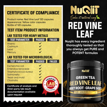 Red Vine Leaf Extract 15000mg Beet Root 3000mg Organic Green Tea 3000mg Supplement & More - Support Heart Health, Strength, Immune System & Body Management - 120 Vegan Capsules for 2-Month Supply NUQIITBuy Supplements Australia