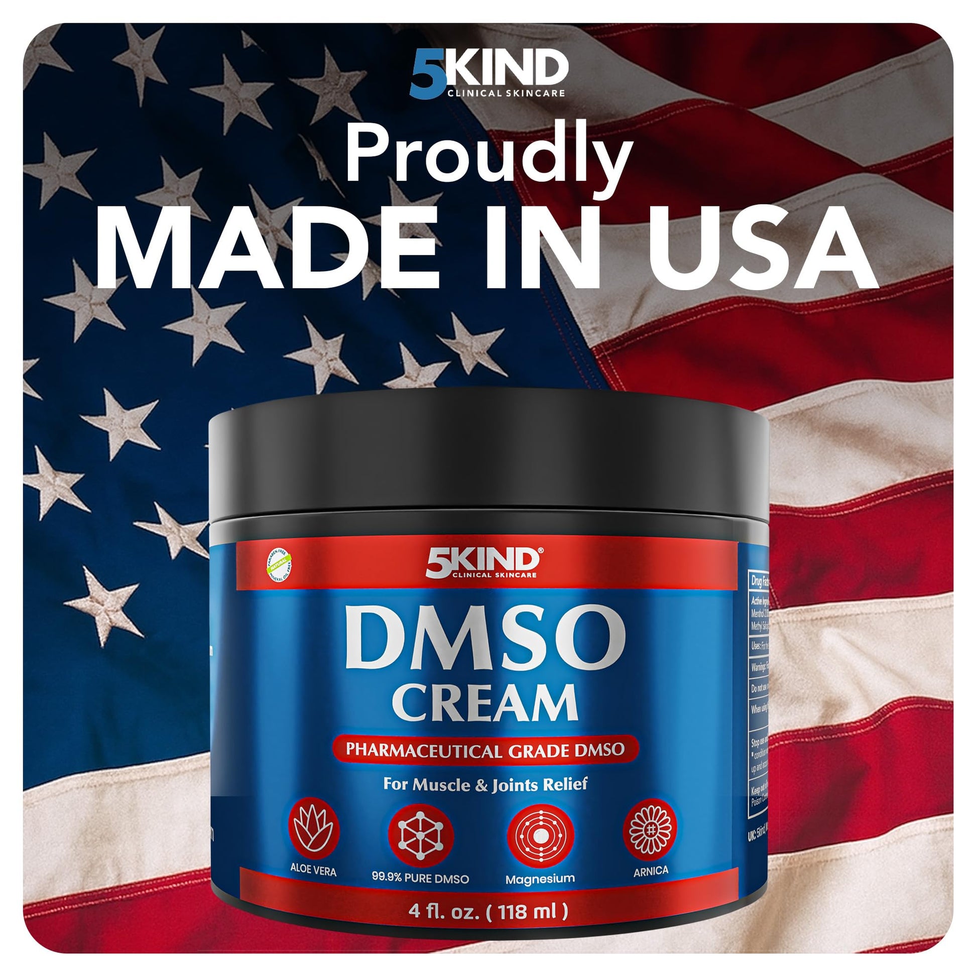 5Kind DMSO Cream for Pain Relief 4 fl oz - 99.9% Pure DMSO Pharmaceutical Grade Cream - Aloe Vera, Magnesium, Arnica & Menthol - Topical Muscle and Joint Pain Relief - Registered NDC - Made in USA 5kind clinical skincareBuy Supplements Australia