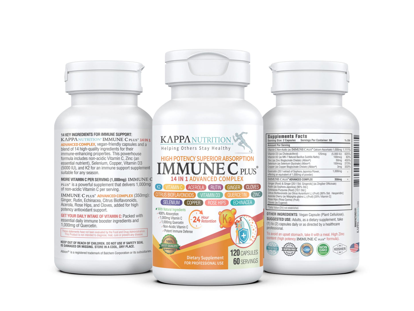 Quercetin 1,000mg, Vitamin C 1,000mg, Zinc 50mg, Vitamin D3 5,000iu, Selenium, Copper, Acerola, Ginger, Rutin, Bitter Orange, Rose Hips, Echinacea, Immune C Plus, 14 in 1 Immune C Plus (120 Count) KAPPA NUTRITIONBuy Supplements Australia