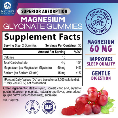 Magnesium Glycinate Gummies - Sugar Free - 100% Chelated Magnesium Gummy Supplement for Max Absorption - for Sleep Support & Heart, Muscle & Bone Health - Gentle on Stomach, Grape Flavor - 60 Gummies Nature's PeakBuy Supplements Australia