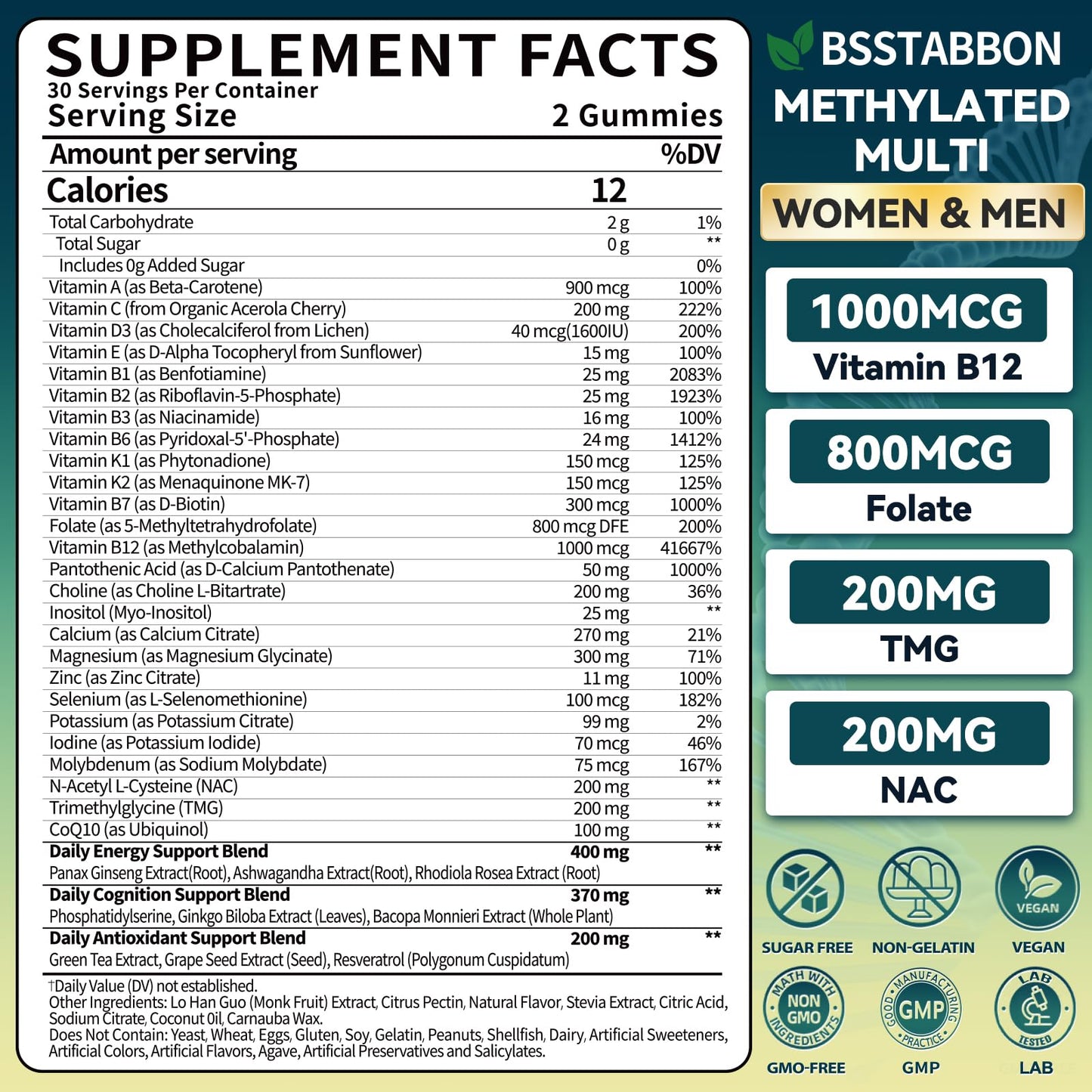 BSSTABBON Methylated Multivitamin for Women Men: Organic Iron Free Multivitamins Gummies plus 5-MTHF Active B12 P5P CoQ10 NAC TMG - Chewable Sugar Free Gummy for Energy Immune Overall Health(120Count) BSSTABBONBuy Supplements Australia