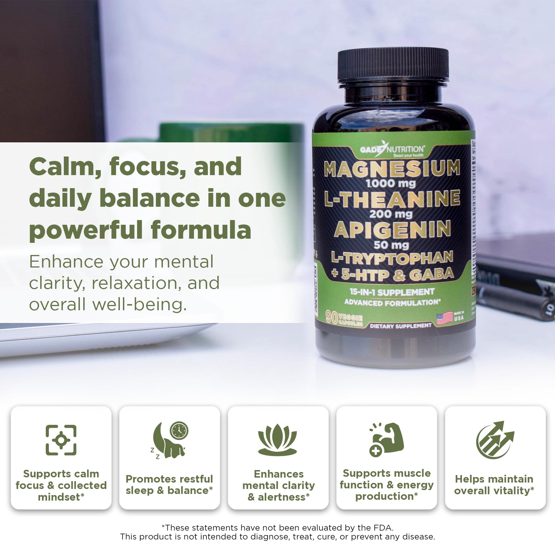 Gade Nutrition Magnesium Glycinate & Magneisum Supplements with Apigenin, L Theanine 200 mg, 5 HTP, GABA Calm Brain Booster Supplement Sleep Aid Ashwagandha L Tryptophan Chamomile GADE NUTRITION BOOST YOUR HEALTHBuy Supplements Australia