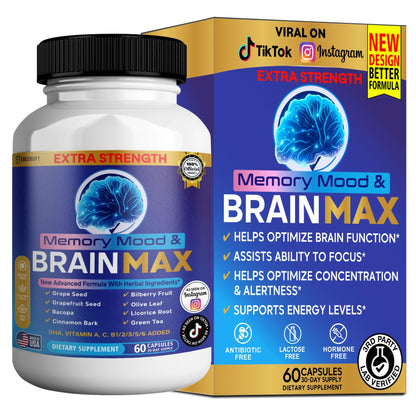 Memory, Mood & Brain Max Extra Strength Supplement with Herbal Ingredients, 60 Capsules, DHA, Vitamins, Bacopa, Green Tea (1) GREENVIFYBuy Supplements Australia