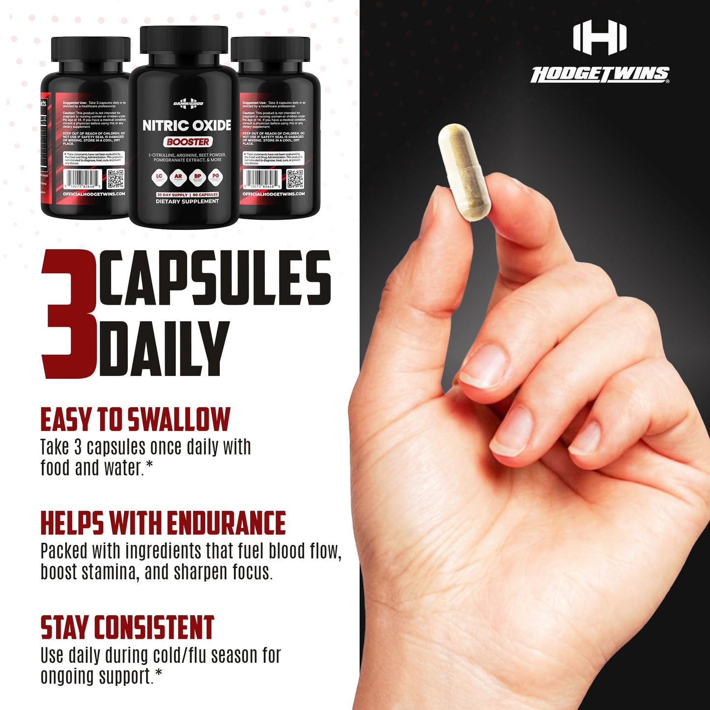 DAMN GOOD The Hodge Twins Nitric Oxide Booster – Beet Root Nitric Oxide & Arginine Citrulline Supplement, Pomegranate Blend for Workout Drive, Endurance Support & Pump Power - 90 Capsules DAMN GOODBuy Supplements Australia