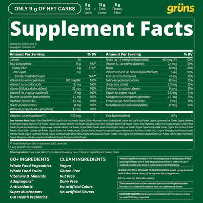 Gruns Adult Super Greens Multivitamin Gummies, Superfood Gummy Vitamins for Women and Men with Spirulina, Chlorella