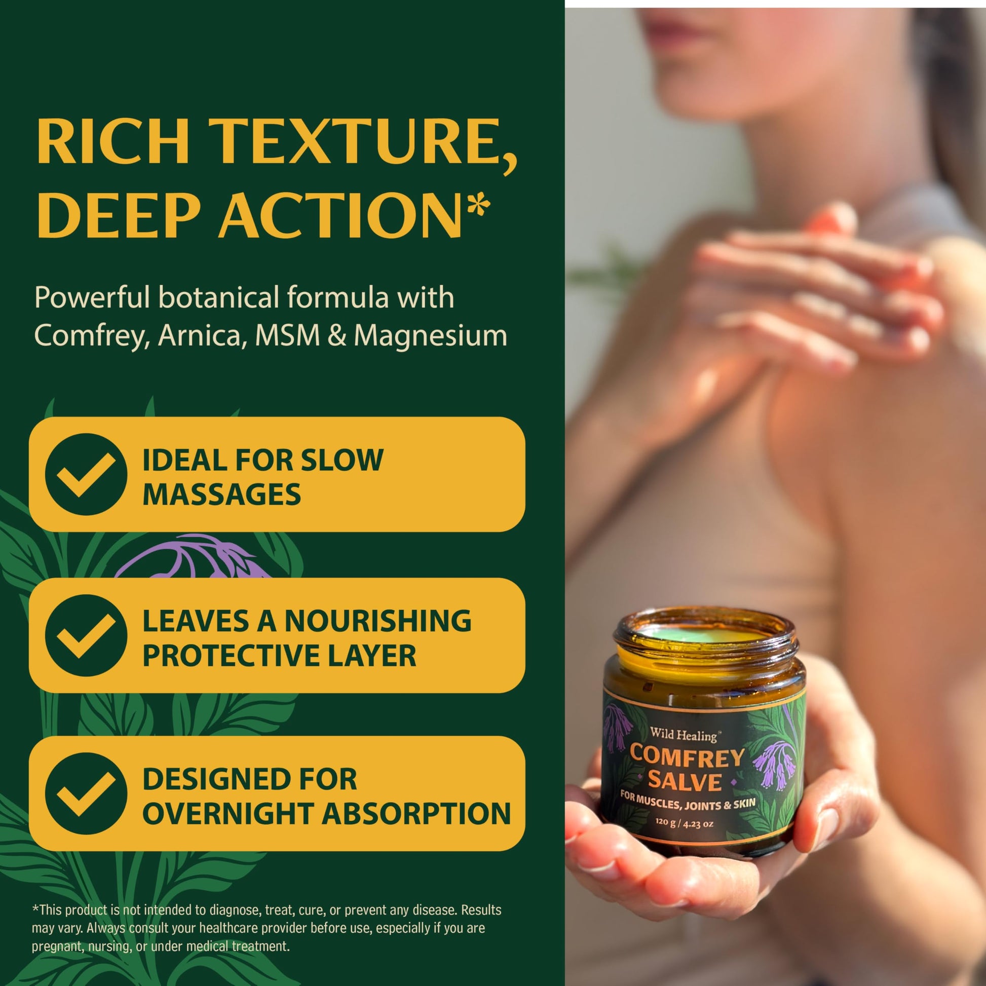 Wild Healing Comfrey Salve – Concentrated Herbal Balm with Arnica, Magnesium & MSM – Soothing Botanical Cream for Joints, Muscles & Dry Skin – 4.23 oz Wild HealingBuy Supplements Australia