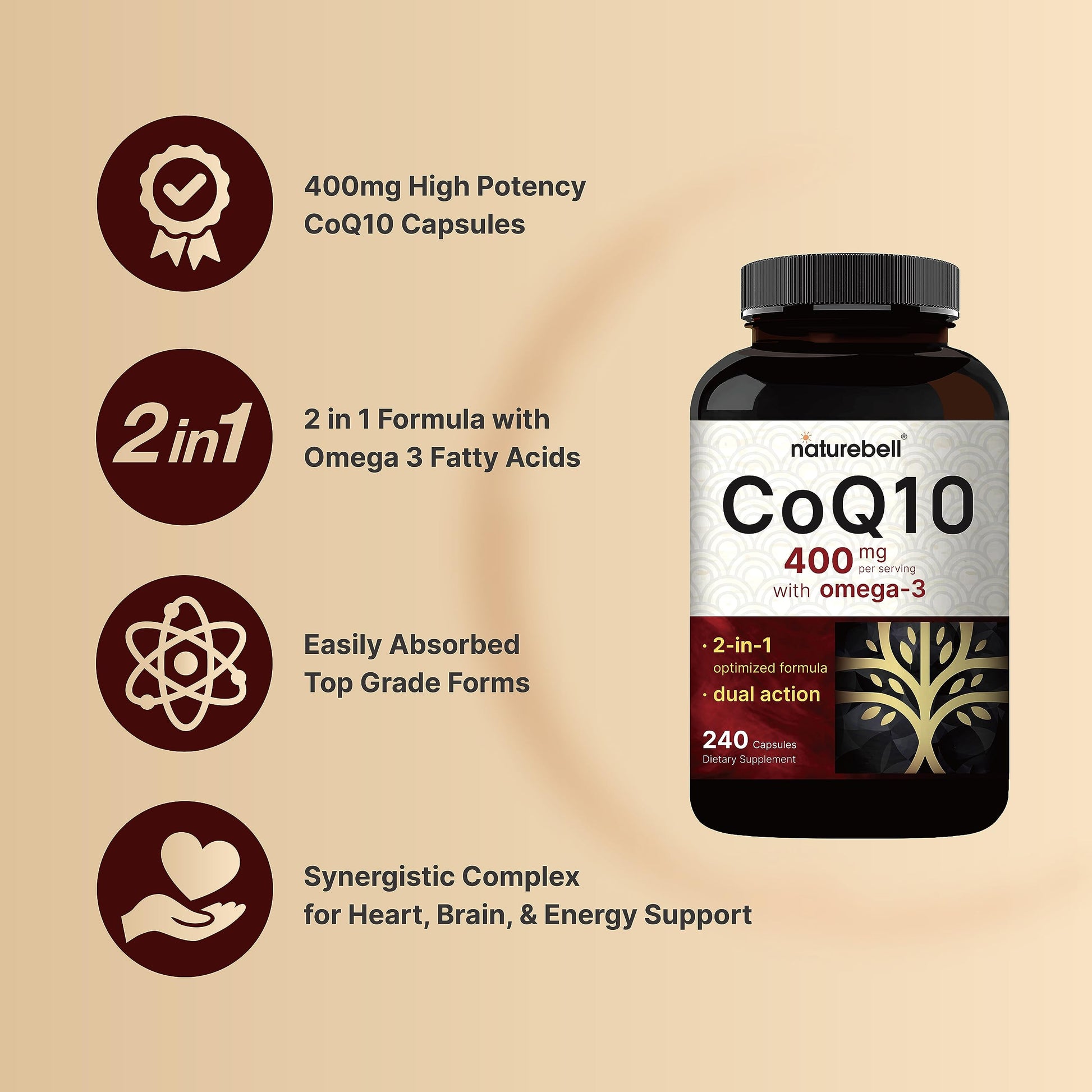 CoQ10 (Ubiquinone) 400mg with Omega 3 Fatty Acids, 240 Capsules | Stable High NatureBellBuy Supplements Australia