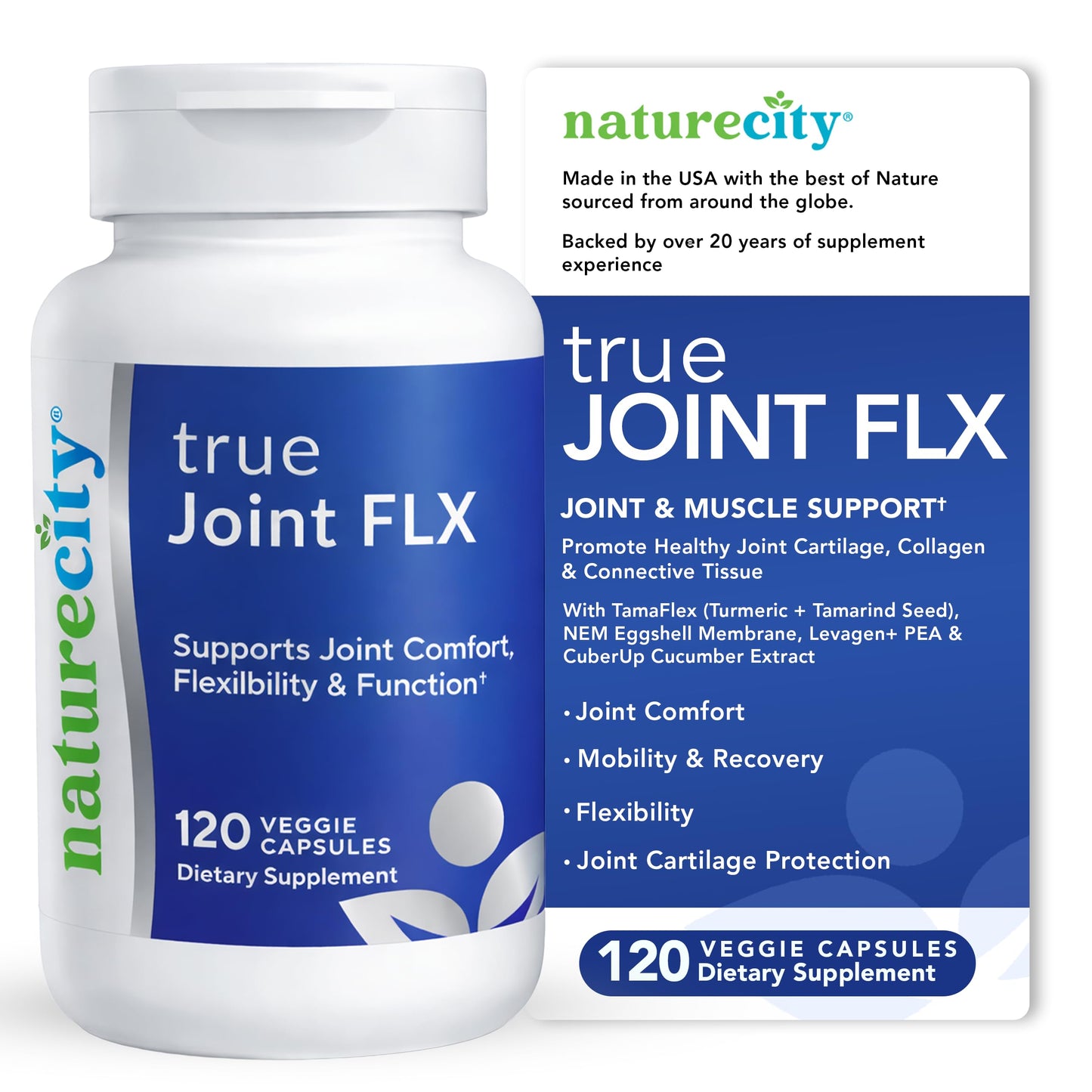 NatureCity True-Joint FLX Joint Supplement Formula (120 Capsules) | TamaFlex, NEM Eggshell Membrane, Levagen+ PEA & CuberUp | Supports Joint Comfort, Flexibility, Mobility, Function & Cartilage Health NatureCityBuy Supplements Australia