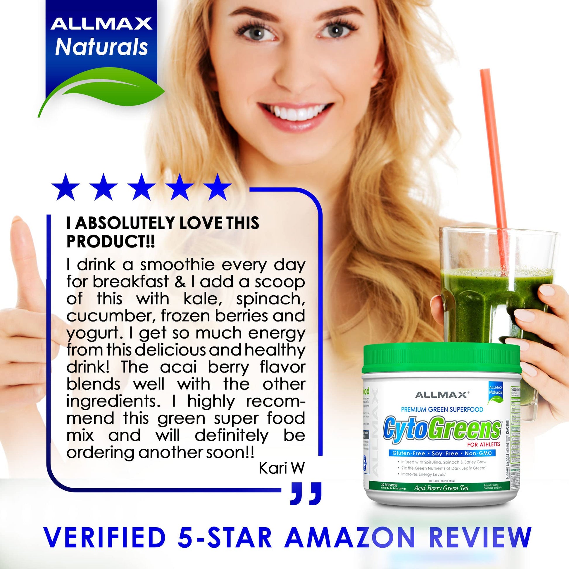 ALLMAX Naturals CytoGreens Super Greens Powder, Premium Green Superfood with Greens, Superfoods, Daily Greens Supplement, Acai Berry Green Tea, 14 Servings ALLMAXBuy Supplements Australia