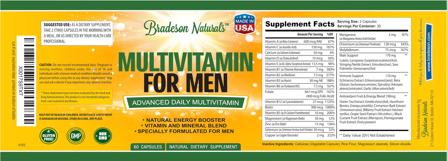 Bradeson Naturals Men's Multivitamin Supplement for Energy, Focus and Performance. Mens Vitamins A, C, D, E & B12, Zinc, Calcium, Magnesium & More. Multi Vitamin 60 Capsules Made in The USA Bradeson NaturalsBuy Supplements Australia