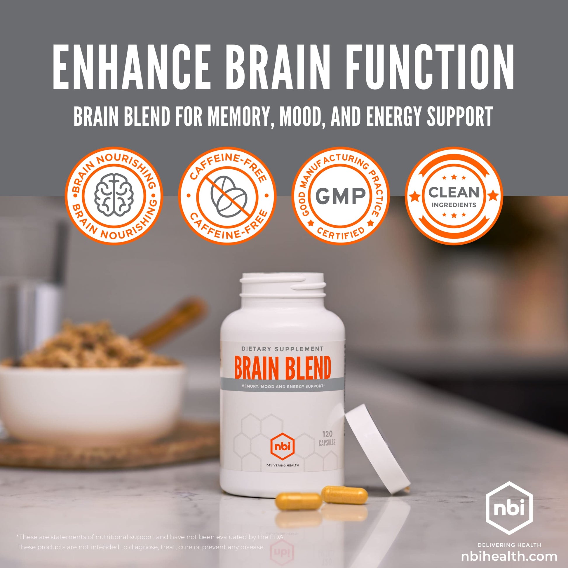 NBI Brain Blend for Memory, Focus, Concentration, Cognitive Function for Men & Women | Caffeine-Free with ALCAR, Alpha Lipoic Acid, Huperzine A, Turmeric | Nootropic | 120ct Capsules NBIBuy Supplements Australia