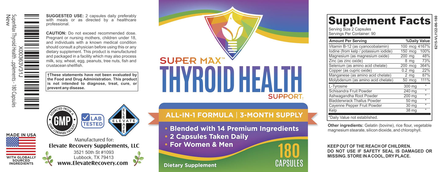 Thyroid Support (3-Month) Supplement All-in-1 with 14 Active Ingredients in 1 Formula | Thyroid Health Support Supplements | Women & Men | 90-Day Bulk Supply | 180 Capsules Elevate Recovery SupplementsBuy Supplements Australia