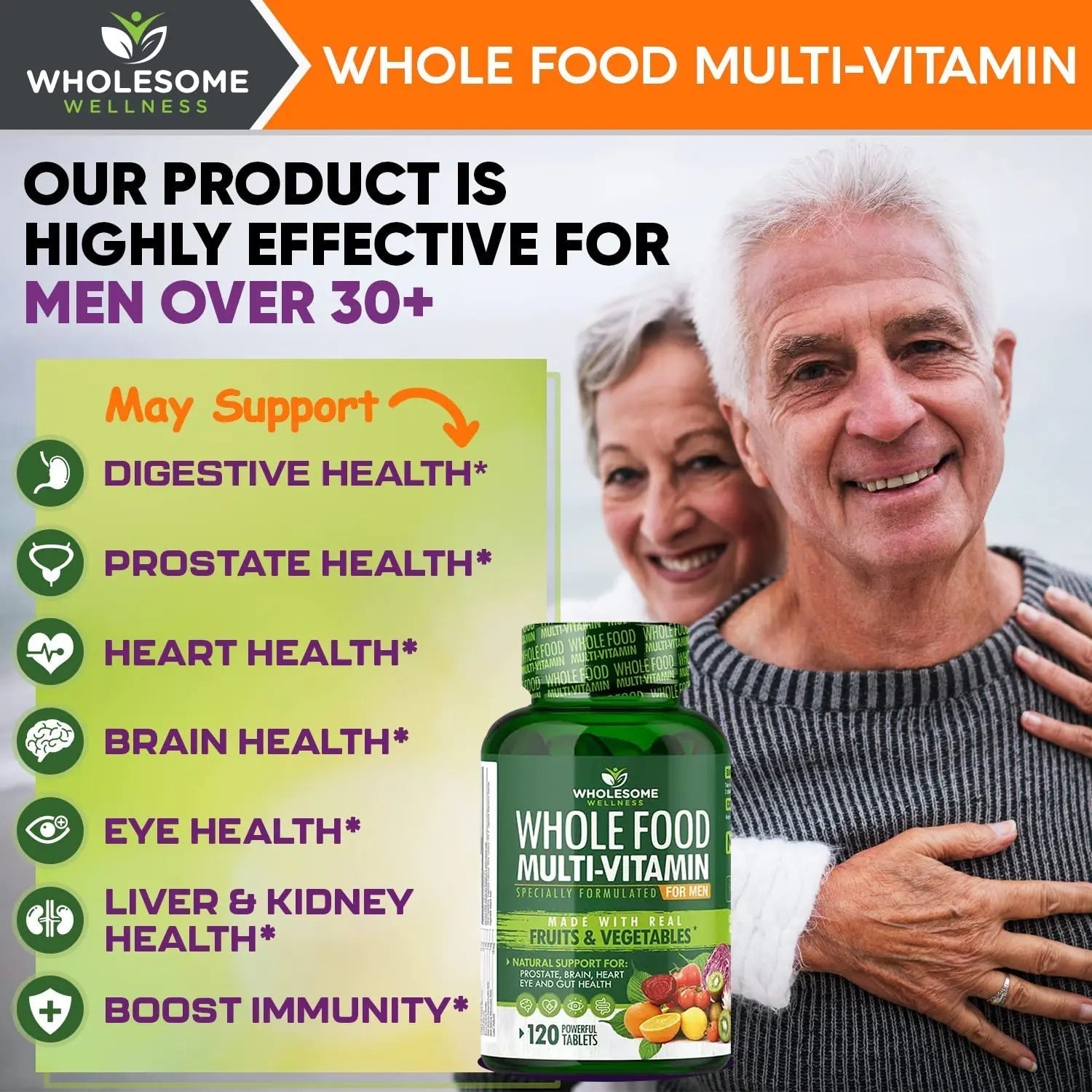 Wholesome Wellness Whole Food Multivitamin for Men - Natural Multi Vitamins, Minerals, Organic Extracts - Vegan Vegetarian - 120 Tablets Wholesome Wellness