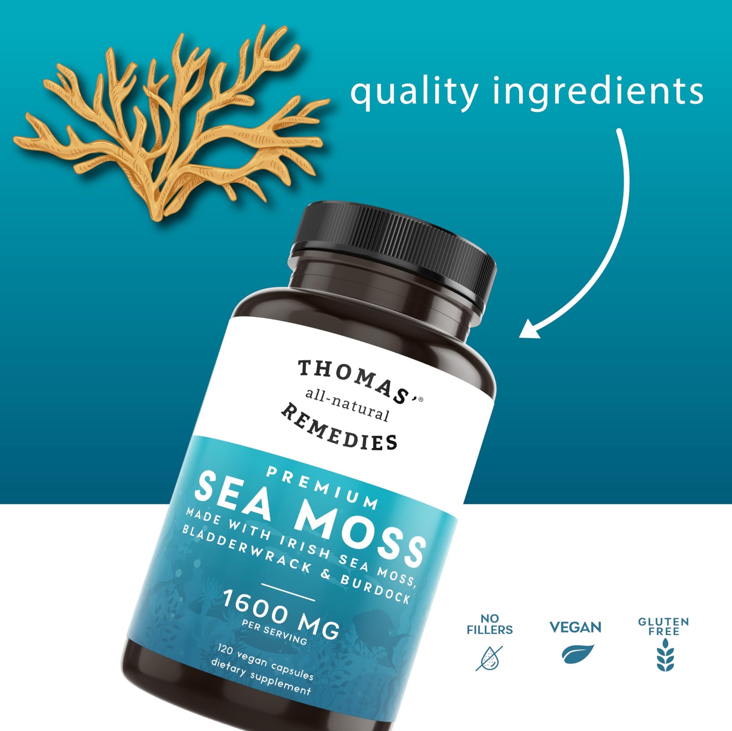 Thomas' all-natural Remedies Irish Sea Moss Capsules, Sea Moss with Bladderwrack & Burdock Root Organic for Gut Health, Digestion, Energy & Immune Support, 120 Seamoss Pills Thomas' all-natural RemediesBuy Supplements Australia