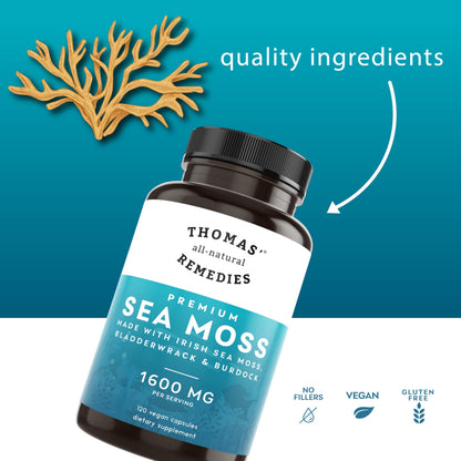 Thomas' all-natural Remedies Irish Sea Moss Capsules, Sea Moss with Bladderwrack & Burdock Root Organic for Gut Health, Digestion, Energy & Immune Support, 120 Seamoss Pills Thomas' all-natural RemediesBuy Supplements Australia