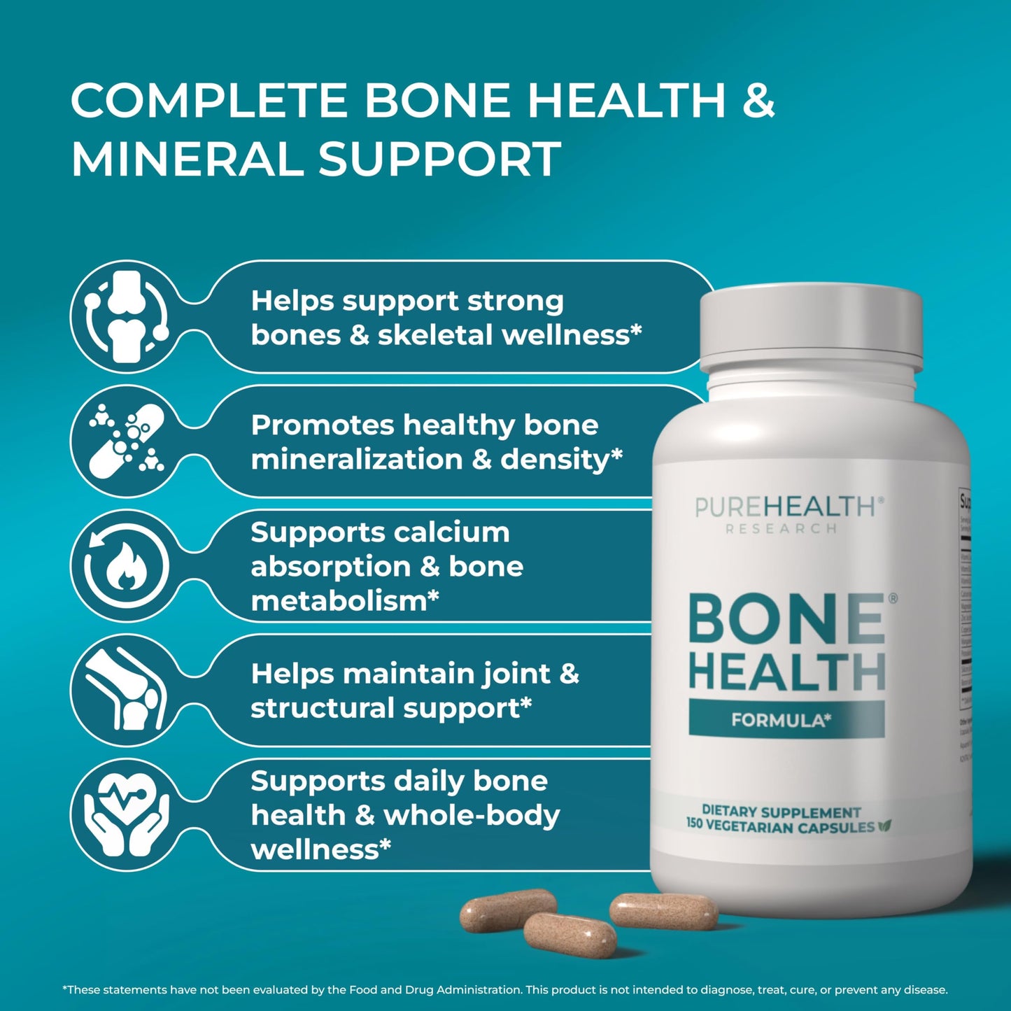 PUREHEALTH RESEARCH Bone Health Formula - for Bones, Joint & Skeletal Wellness - with Calcium, Magnesium, Zinc, Copper, Manganese, Potassium, Vitamin K2, D3, C