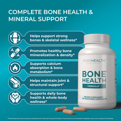 PUREHEALTH RESEARCH Bone Health Formula - for Bones, Joint & Skeletal Wellness - with Calcium, Magnesium, Zinc, Copper, Manganese, Potassium, Vitamin K2, D3, C