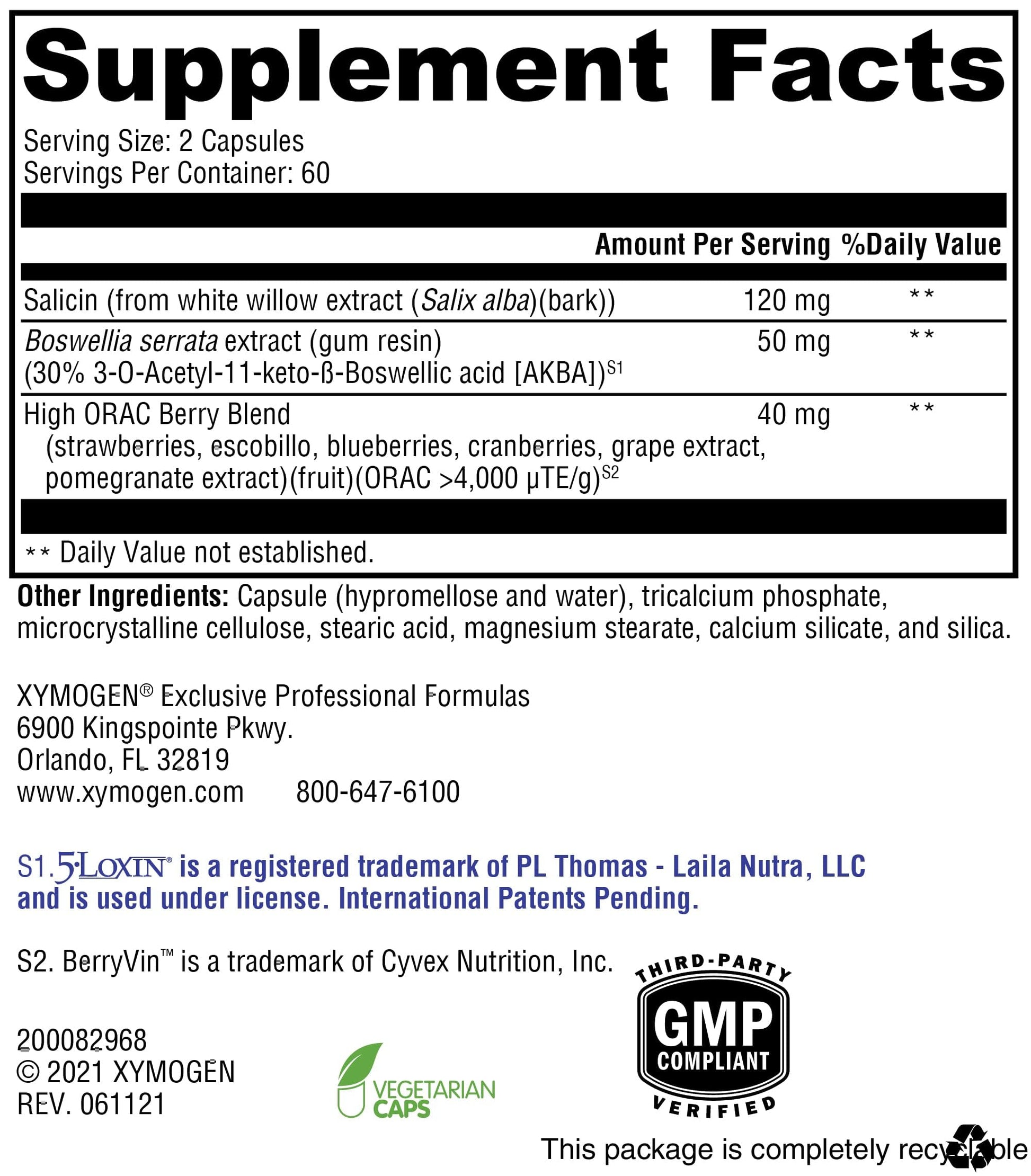 XYMOGEN Saloxicin - Antioxidant Support Supplement - Grape Seed Extract, Pomegranate Fruit & Cranberry Supplement - White Willow Bark & Boswellia Extract - 120 Capsules XYMOGENBuy Supplements Australia