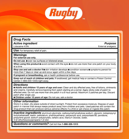 Rugby Maximum Strength 4% Lidocaine Pain Relief Patch- External Analgesic - Flexible Fabric, Fragrance-Free - Temporarily Relieves Pain - 100 Patches (10 cm x 14 cm Each) RUGBY LABORATORIESBuy Supplements Australia