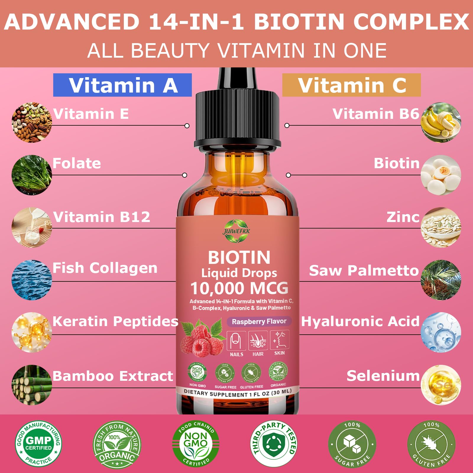 Pure Biotin 10000mcg Liquid Drop Optimal Solutions Hair Skin & Nails Vitamins Support w. Collagen Keratin Hyaluronic Acid Saw Palmetto, Biotin(Vitamin B7) for Hair Growth & Cellular Energy JUIWEFKKBuy Supplements Australia