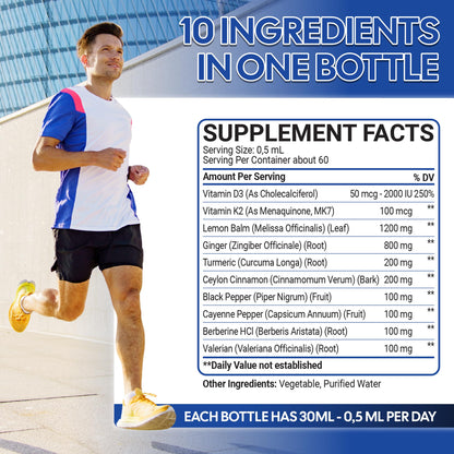 10in1 Lemon Balm Liquid Drops Blend Includes Vitamin D3, Vitamin K2, Lemon Balm, Ginger, Turmeric, Ceylon Cinnamon, Black Pepper, Cayenne Pepper, Berberine, Valerian Root - 1 FL Oz - 2 Month Supply MeciscoBuy Supplements Australia