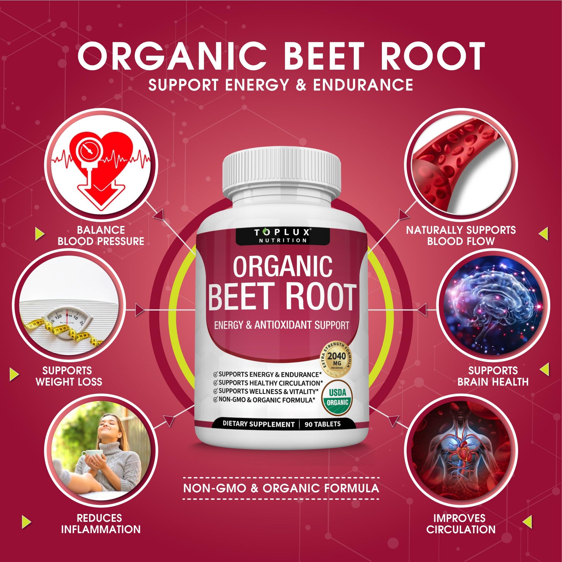 Organic Beet Root Powder Tablets - 2040mg Natural Nitric Oxide Beets to Support, Energy TopluxBuy Supplements Australia