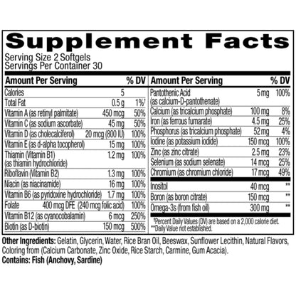 OLLY Ultra Women's Multi Softgels, Overall Health and Immune Support, Omega-3s, Iron, Vitamins A, D, C, E, B12, Daily Multivitamin, 30 Day Supply - 60 Count