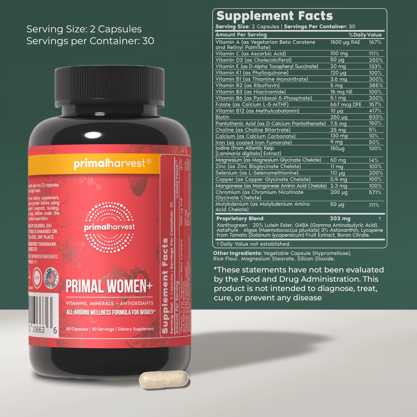Primal Harvest Women+, Woman's Multivitamin Vitamin A, Vitamin C, Vitamin D and E, Vitamin B12, B6, Biotin