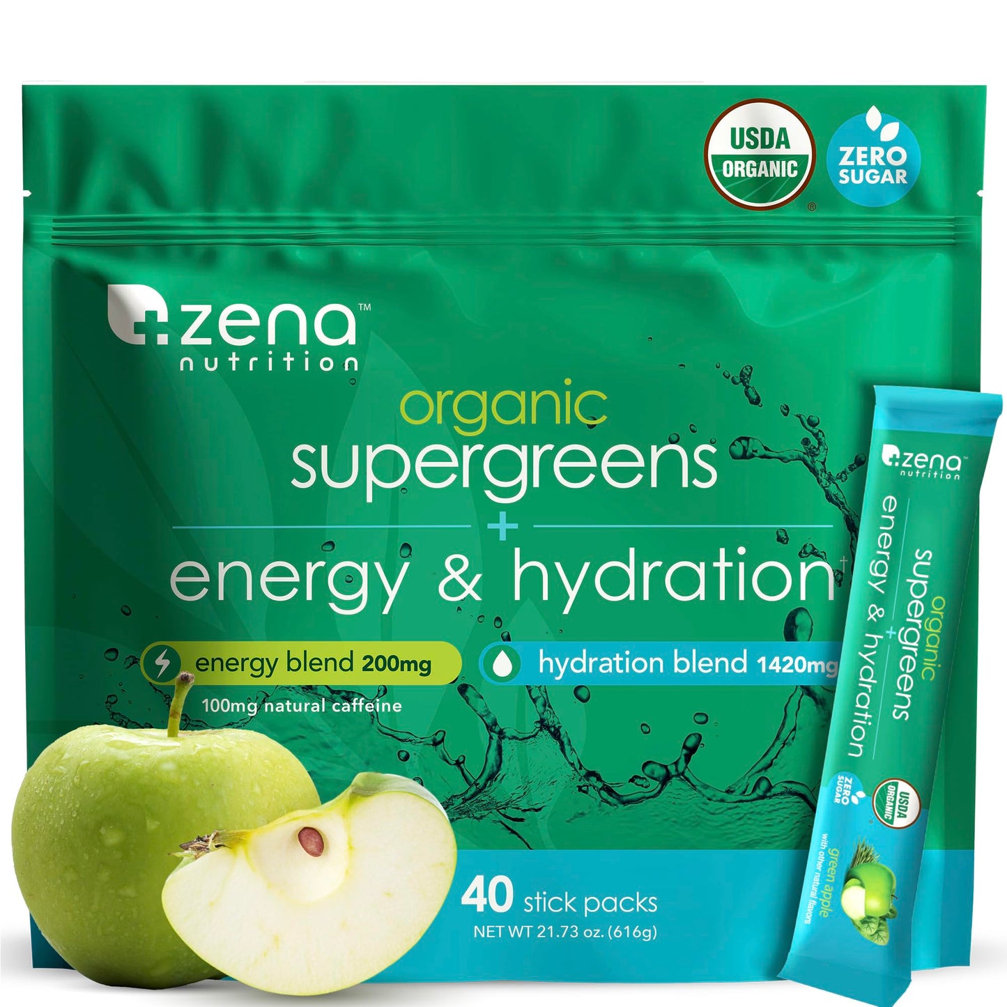 Zena Nutrition Organic Super Greens Energy & Hydration Powder, 70+ Superfoods, 0 Sugar, 5G Fiber, Spirulina, Chlorella, Prebiotics/Probiotics, Natural Caffeine + Electrolytes, 40 Drink Mix Packets Zena NutritionBuy Supplements Australia