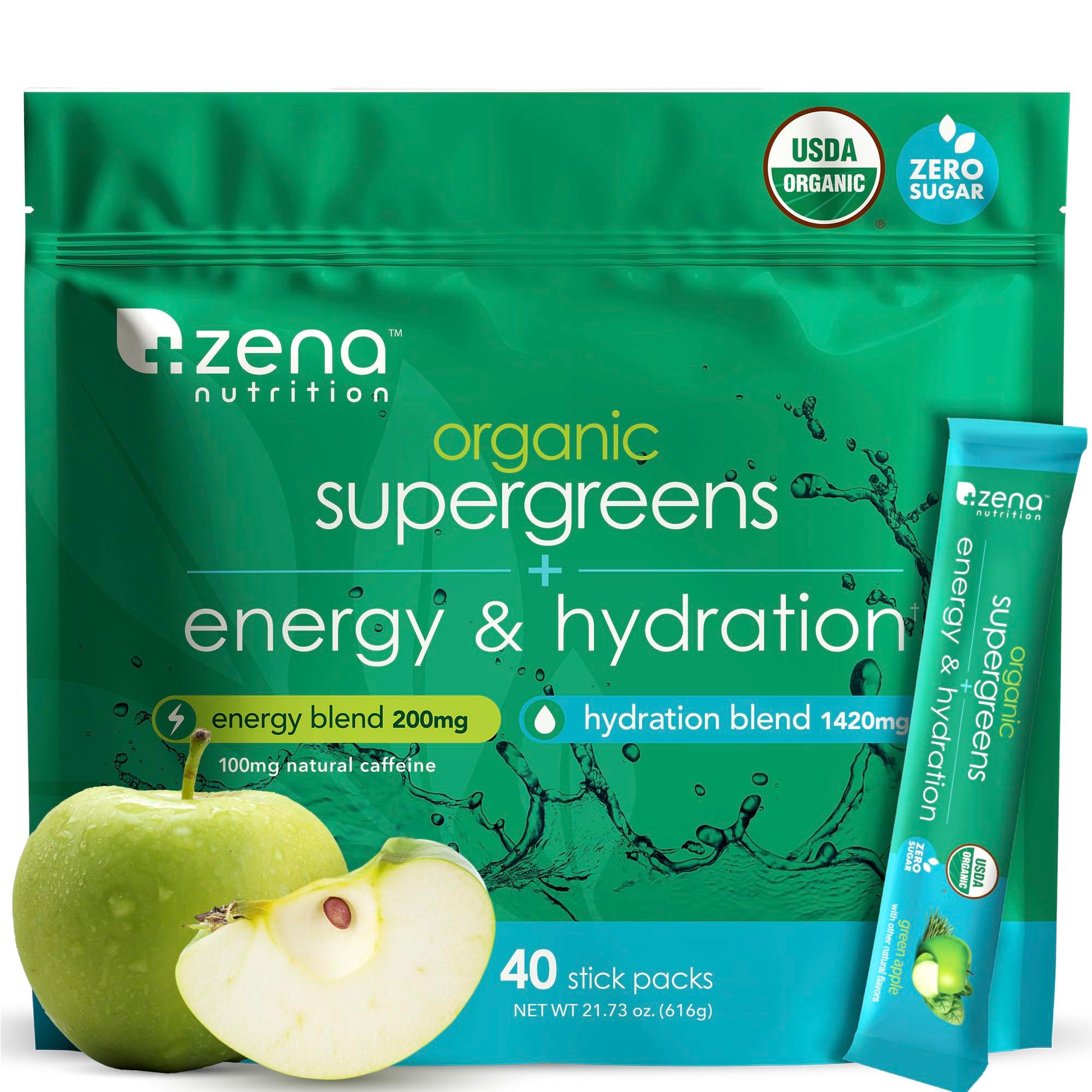 Zena Nutrition Organic Super Greens Energy & Hydration Powder, 70+ Superfoods, 0 Sugar, 5G Fiber, Spirulina, Chlorella, Prebiotics/Probiotics, Natural Caffeine + Electrolytes, 40 Drink Mix Packets Zena NutritionBuy Supplements Australia
